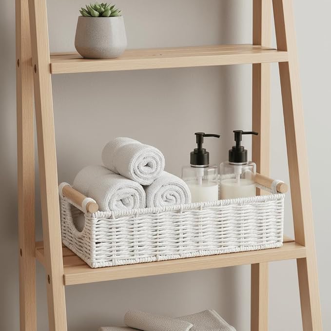 CubesLand Wicker Toilet Storage Basket Tray Organizer W/Cut Out Handle, Slim Decorative Basket for Countertop, Shelves And for Versatile Home Decor, Living Room, Nursery Organization, Cream