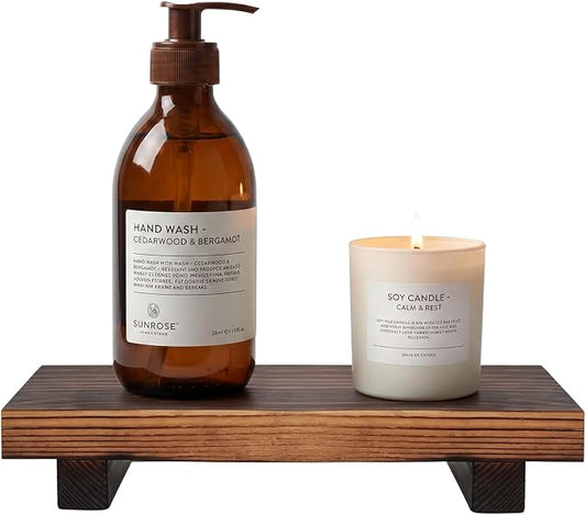 Small Bathroom Counter Organizer Tray Wooden Pedestal Stand for Display Decor Farmhouse Wood Risers Soap Dish Dispenser Holder for Kitchen Sink Tray Modern Bathroom Vanity Accessories Decorative trays
