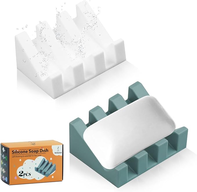 Self Draining Silicone Soap Dish Holder Waterfall Tray, 2 Pack Green White | Waterfall design drains fast to keep soap dry, non-slip silicone base anti slide, soap saver for bathroom & kitchen