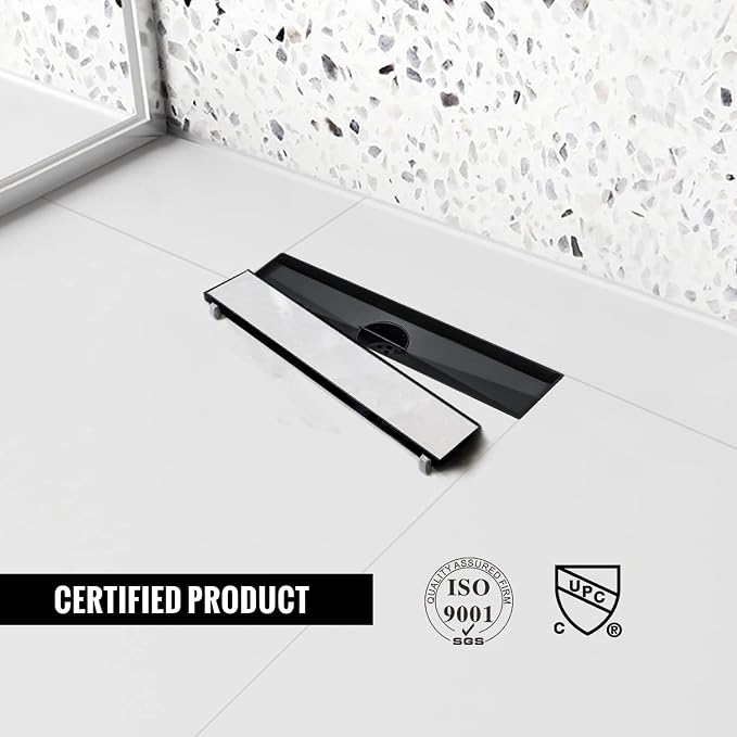 Linear Shower Drain, 12 inch Black Drain with Tile Insert 2-in-1 Panel, Brushed 304 Stainless Steel Shower Floor Drain, Linear Drain with Hair Strainer and Adjustable Feet