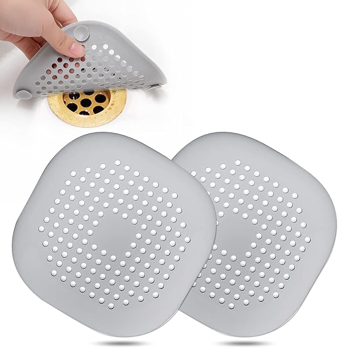 Bovinde Hair Drain Catcher,Square Cover for Shower 2 Pack (Sliver Grey) | Drainer Cover Silicone Hair Stopper with Suction Cups,Protector Accessories,Easy to Install Suit for Bathroom,Bathtub,Sink