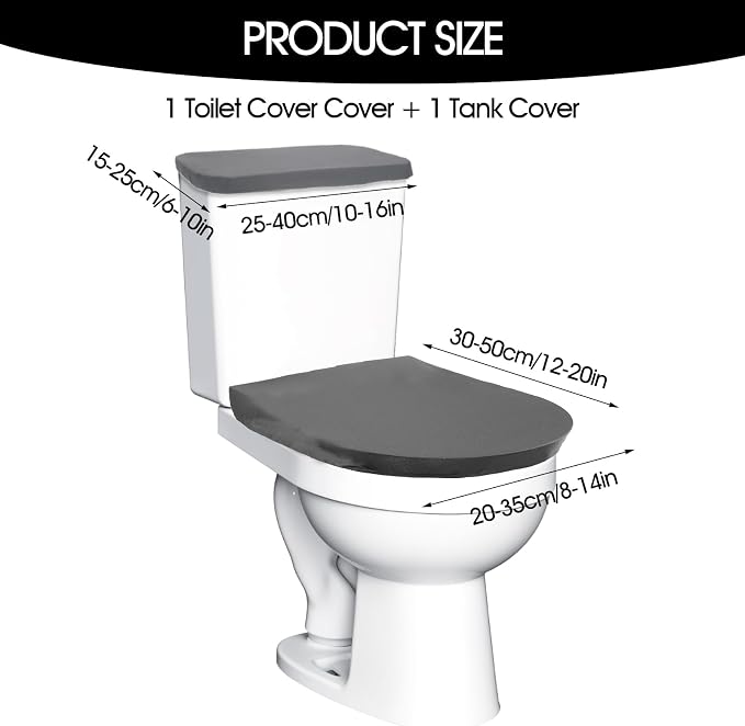 Tyqour Grey Toilet Lid Cover and Toilet Tank Cover Set, Grey Toilet Seat Cover with Elastic Bottom, Universal Toilet Cover Set for Bathroom Decor Accessories