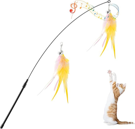 Pawaboo Cat Feather Wand Interactive Toy, 2 Feathers + 1 Wand with Bell | Cat Feather Teaser Toys Flying Catcher Extra Long 34.5" Wand Exerciser Playing Cat Toy Wands for Kitten, Pink+White+Yellow