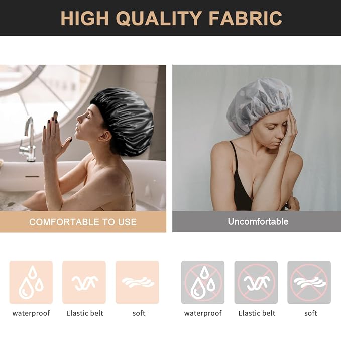 Aquior Shower Cap, Extra Large Shower Cap for Men, Satin EVA Double Layer Waterproof Reusable Hair Cap for Women Long Hair(All Black 4 Pack)
