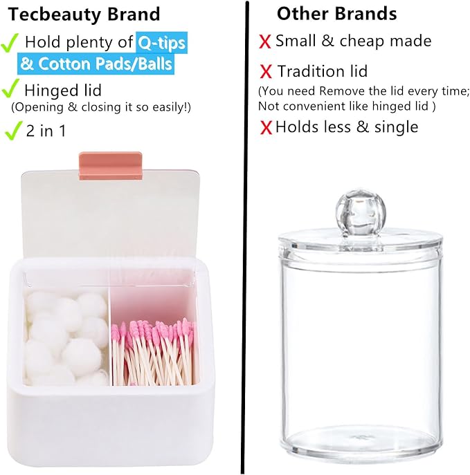 Tecbeauty 2 Slot Cotton Swab Ball Qtip Holder Jar Plastic Container Dispenser Box with Hinged Lid for Bathroom Home Storage Organizer