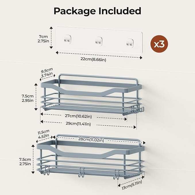 Orimade Shower Caddy Basket Shelf Storage Rack, No Drilling Wall Mounted Adhesive Rust Resistant Stainless Steel Shower Organizer with 5 Hooks for Bathroom, Light Blue Grey 2 Pack