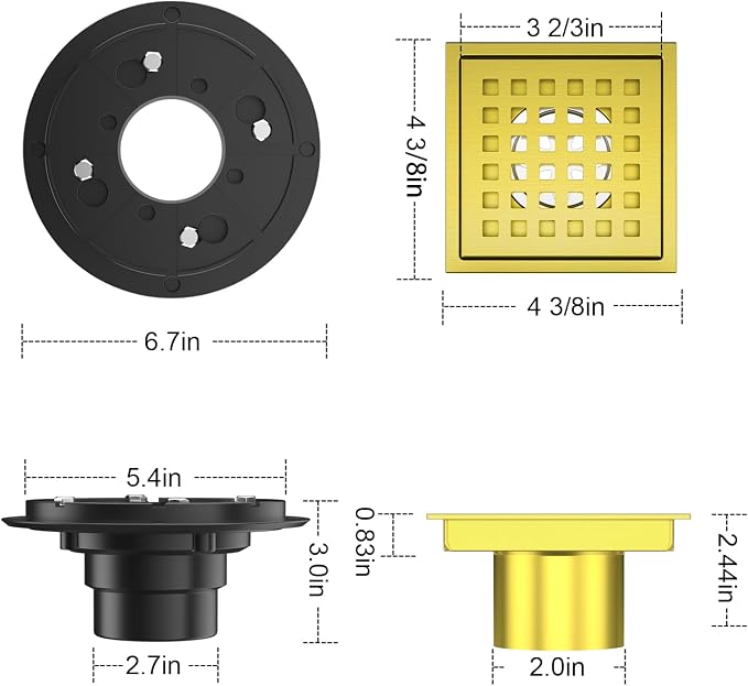 Shower Drain Brushed Gold 4-3/8 Inch, Square Floor Drain, Stainless Steel Bathroom Drain Kit with ABS Flange, Removable Grid Cover, Hair Strainer