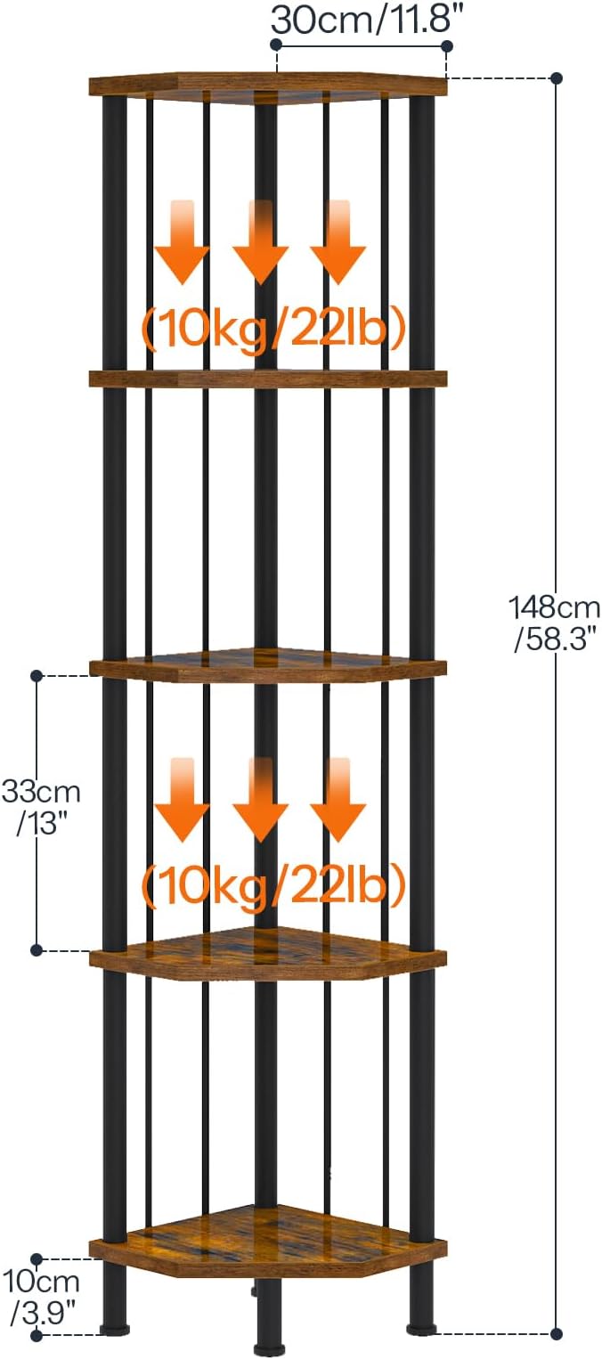 HOOBRO 5-Tier Corner Shelf Stand, Industrial 58.3" Corner Shelf, Corner Bookshelf Storage Stand, Tall Display Shelf Plant Stand for Small Space, Bathroom, Living Room Decor, Rustic Brown BF93CJ01