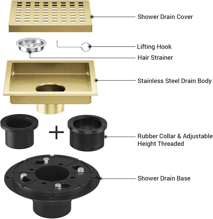 Shower Drain Brushed Gold 6 Inch, Square Floor Drain, Stainless Steel Drain Kit with Flange, Removable Grid Cover, Hair Strainer