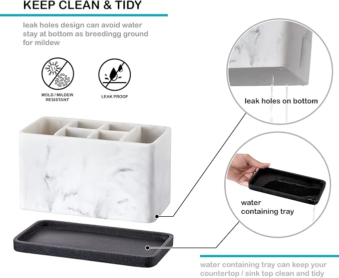 ZCCZ Marble Look Toothbrush Holder for Bathroom Countertop Organizer, Holds Toothpaste, Dental Floss, Razor, Comb, Makeup Brushes, and More, Stylish Bathroom Accessory for Tooth Brushing Essentials