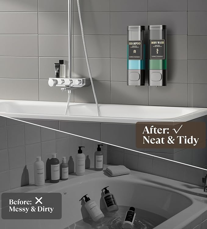 Luxspire Shampoo and Conditioner Dispenser, Shower Soap Dispenser 2-Chamber | Lockable Large Capacity 600ml No-Drill Wall-Mounted Shampoo and Body Wash Dispenser for Bathroom Hotel Kitchen Airbnb