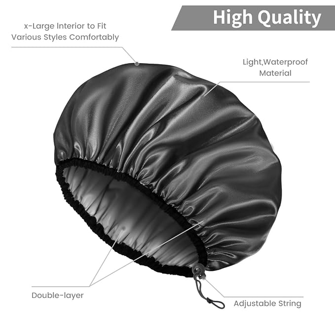 Auban Shower Cap for Women, Adjustable Reusable, Extra Large, Double-Layer Waterproof Bathing Cap, Waterproof Exterior, EVA Lining, Hair Cap for All Hair Lengths, 3 Balck Set