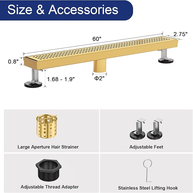 Linear Shower Drain | 60 Inch AISI 304 Stainless Steel Shower Drain, Brushed Gold Linear Drain with Removable Quadrato Grate Cover & Adjustable Feet, Rectangle Floor Drain, in Bathroom Balcony etc