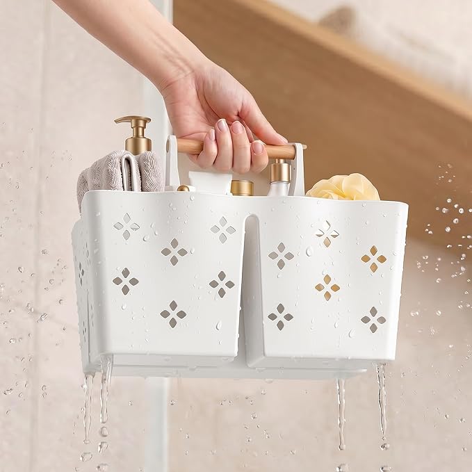 GVY Plastic Shower Caddy Portable, Large Capacity Shower Basket with Handle, Divided Bathroom Toiletry Organizer, Quick-Drain Shower Caddy for College Dorm Beach Kitchen Essentials, White.