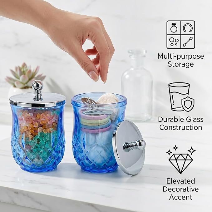 2 Pack Glass Qtip Holder Dispenser Set, Round Bathroom Apothecary Jars with Silver Lid for Cotton Swabs, Balls, Pads, Floss Picks, Vanity Storage Container for Makeup, Candy, Jewelry(10 Oz, Blue)