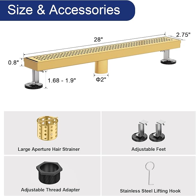 Linear Shower Drain | 28 Inch AISI 304 Stainless Steel Shower Drain, Brushed Gold Linear Drain with Removable Quadrato Grate Cover & Adjustable Feet, Rectangle Floor Drain, in Bathroom Balcony etc