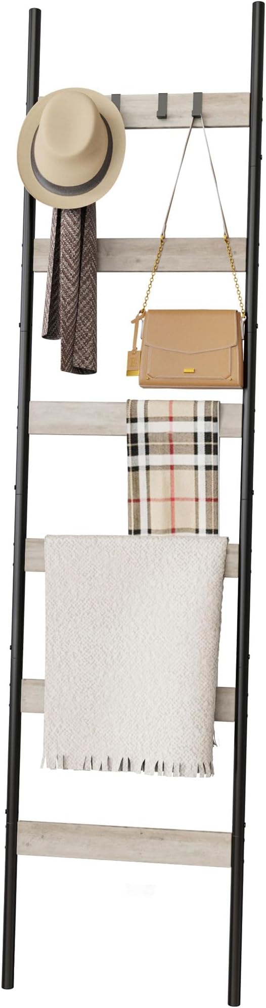 Blanket Ladder, 6-Tier Towel Holder with 4 Removable Hooks, Farmhouse Wall Leaning Decorative Rack Shelf, Wooden Towel Display Rack, Quilt Ladder for Living Room, Bedroom, Greige