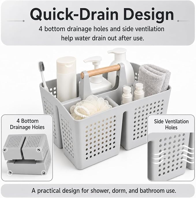 Portable Shower Caddy Basket with Wood Handle, 3-Compartment Bathroom Organizer Tote with Drain Holes, Plastic Shower Basket for Dorm, Toiletries, Cleaning Supplies,Light Gray