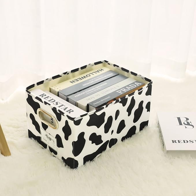 ANMINY 2PCS Fabric Storage Bin Cow Print Cotton Linen Foldable Open Storage Basket Box with Handles PP Plastic Board Label Window Pocket Decorative Washable Closet Shelf Organizer Container - Large