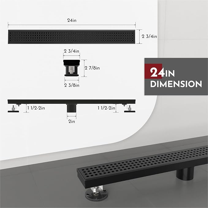 WEBANG 24 Inch Linear Shower Drain Rectangular Floor Drain with Accessories Square Hole Pattern Cover Grate Removable SUS304 Stainless Steel CUPC Certified Matte Black