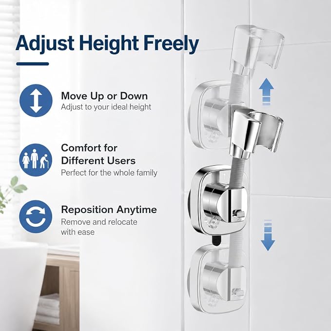 Chrome Suction Shower Head Holder, No Drill Handheld Shower Wand Bracket with Adjustable Angle Removable Vacuum Holder for Smooth Tile Glass Marble Metal Fits Standard 1/2" Hoses