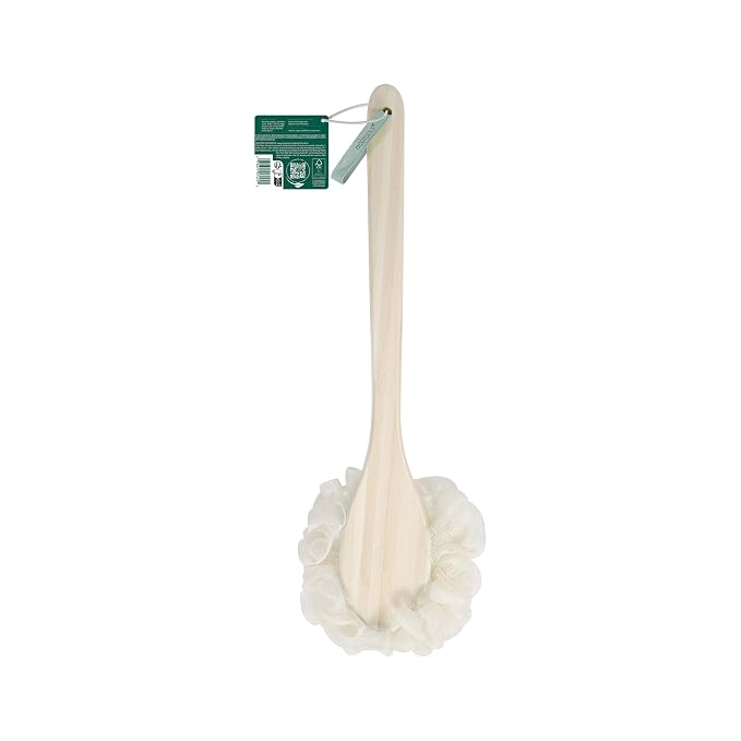 EcoTools EcoPouf Bath Brush, Loofah for Men and Women, 1 Count | Back brush for shower made with long handle, soft netting for gentle exfoliation, bamboo loofah