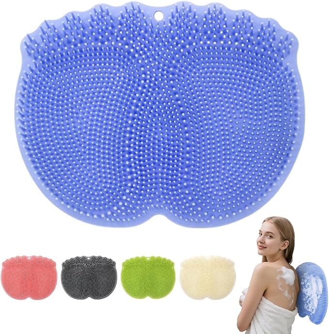 Silicone Shower Foot Scrubber Mat,2025 New Back Exfoliating Bath Wash Pad Wall Mounted Anti-Slip Suction Cups Foot Scrubber,Deep Cleaning Brush Back Massager Pad for Women Men (B-Blue)