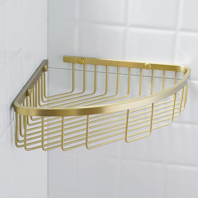 304 Stainless Steel Shower Caddy Corner Basket Shelf Bathroom Organizer Wall Mounted Storage, Brushed Gold Brass Finish Heavy Duty