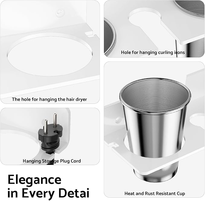HIIMIEI Hair Tool Organizer Wall Mount, White Acrylic Hot Tool Holder with 2Cups, Bathroom Hair Styling Accessories Storage Organizer for Flat Iron, Blow Dryer, Curling Wand