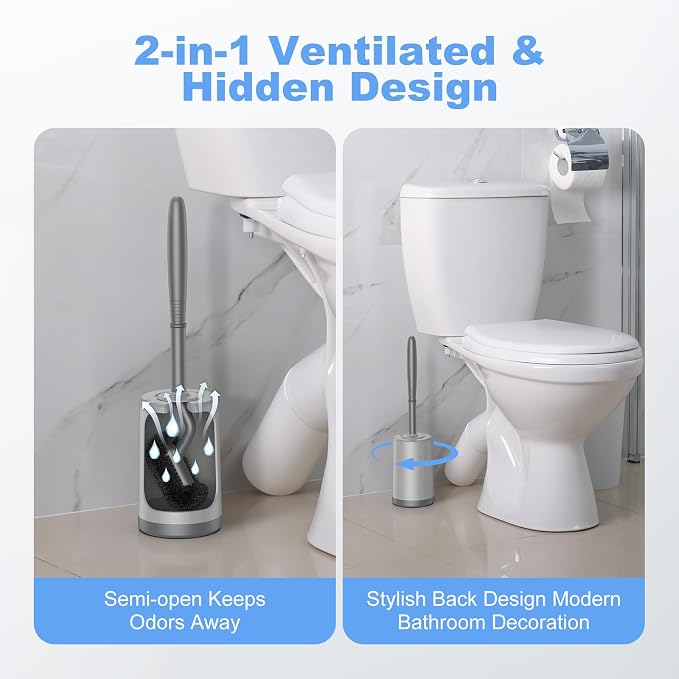 HAMITOR Toilet Bowl Brush Holder Set: Curved Design with Holder for Deep Cleaning Under Rim - Compact Hidden Scrubber for Small Space - Modern RV Bathroom Accessories - Gray