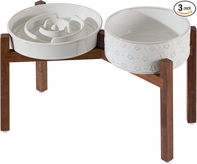 Havniva Raised Slow Feeder Dog Bowls, Elevated Dog Bowls Slow Feeder Set | 1.6 Cups Ceramic Dog Bowl Elevated with Acacia Wood Stand, Raised Dog Food Bowl, Puzzle Slow Feeder for Medium Dogs, Non-Slip