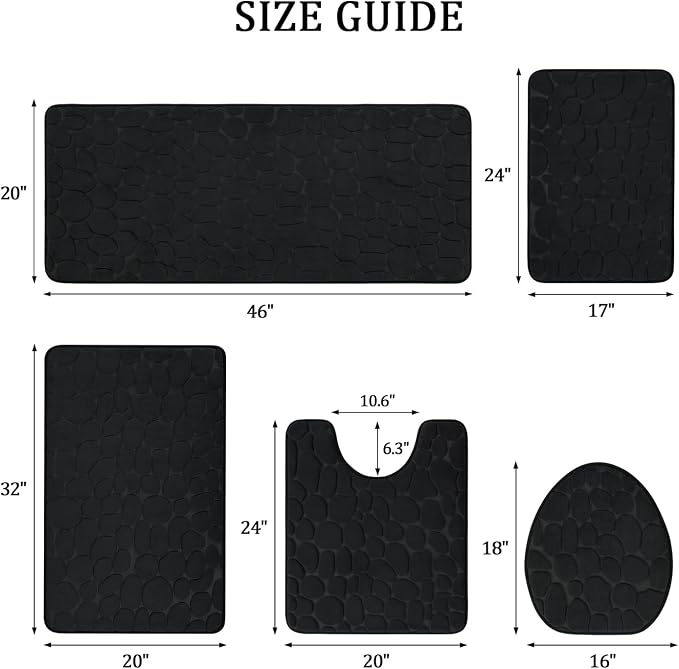 YIHOUSE Bathroom Rugs Mat Set, Memory Foam Bath Mat 5 Piece Black | Non Slip, Water Absorbent, Washable, Bath Mat For Bathroom, Sink and Toilet