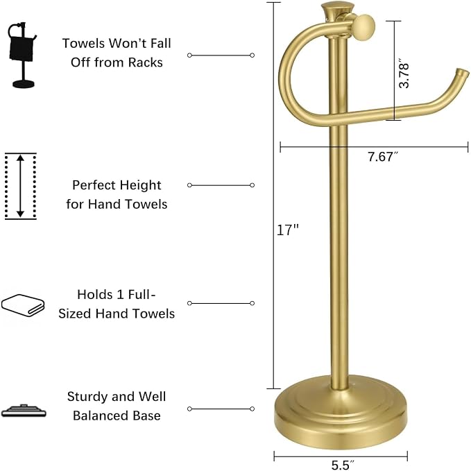 BESy 17 Inch Brushed Gold Stand Towel Bar Hanger Hand Towel Bar Bathroom Vanity Countertop Towel Holder Free Standing Stainless Steel Towel Ring Hardware Accessories Towel Rack