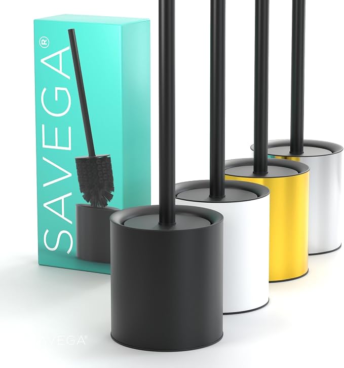 Toilet Bowl Brush with Holder and Lid – Matte Black | Modern toilet bowl brush set with steel holder, splash guard protection, and sturdy handle in matte black