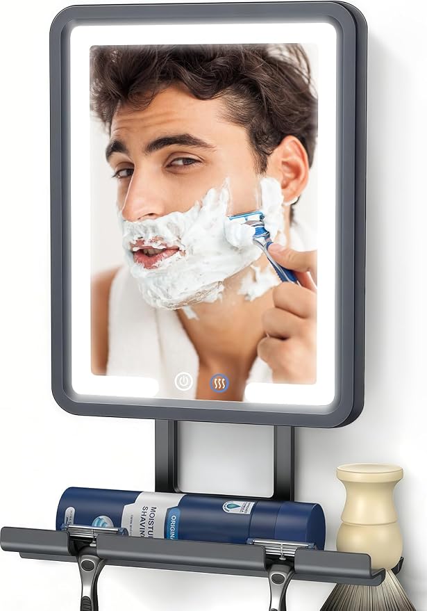 Heated Shower Mirror Fogless for Shaving with 3-Color Dimmable LED Lights, Rechargeable, 360 Degree Adjustable, Drill-Free, All-in-One Storage Tray Holds Shaving Foam, Brush and 2 Razors
