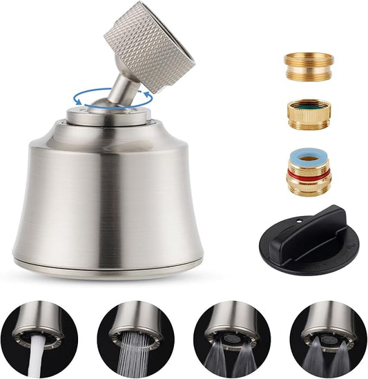 Hygie Rinse Kitchen Sink Faucet Head Replacement 4 Spray Faucet Sprayer Attachment with 2 Ball Joint, Big Angle Swivel, 55/64-27UNS Famale Thread, Male Thread Adapter Included, Brushed Nickel
