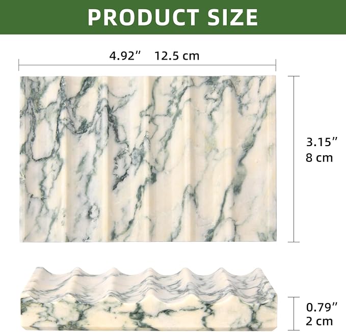Luxury Marble Soap Dish Tray,Rectangle Stone Marble Soap Tray,Self Draining Soap Holder for Bathroom, Kitchen (Green Texture)