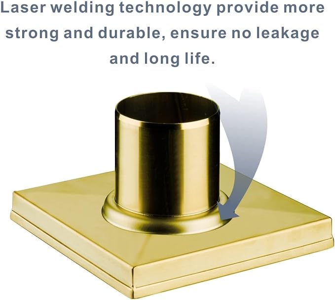 Brushed Gold Square Shower Drain with Flange 4x4, HIDROP 4 inch SUS 304 Stainless Steel Brass Gold Shower Floor Drain with Removable Hair Strainer
