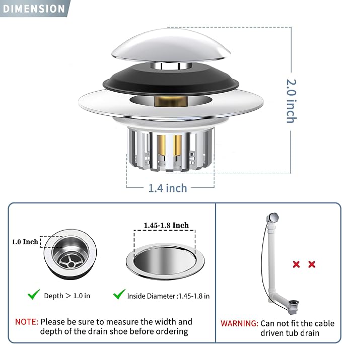 Universal 3 in 1 Bathtub Drain Stopper Bathtub Drain Hair Catcher, Pop-up Tub Stopper with Effective Filter Basket, Anti-Clogging Bathtub Drain Plug Bath Tub Stoppers for 1.45-1.8" Drain Shoe