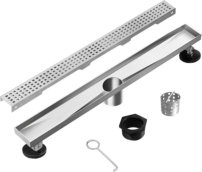 Linear Shower Drain, Shower Drain 24 inch with Removable Grate Cover, Professional AISI 304 Stainless Steel Shower Floor Drain, Linear Drain with Hair Catcher and Leveling Feet