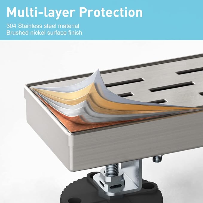 EMBATHER 28 Inch Linear Shower Drain with Shower Drain Base, CUPC Certified, 304 Stainless Steel Shower Floor Drain Included Removable Square Cover, Hair Strainer and Leveling Feet, Brushed Nickel