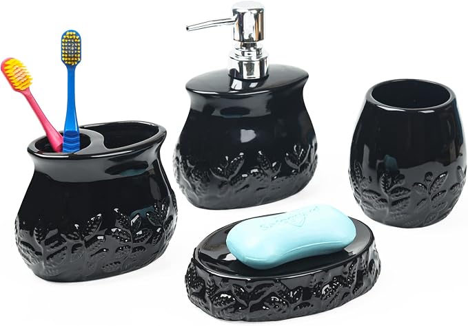 Ceramic Embossed Leaves Bathroom Accessories Set, 4 Piece Bathroom Ensemble Set with Toothbrush Holder, Toothbrush Cup, Soap Dispenser, Soap Dish(Black)