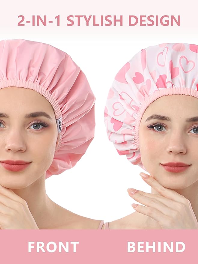 Years calm Shower Caps for Women Reusable Waterproof Double Layer Hair Cap | Both Sides Usable, Reversible Pattern & Solid Color Design, Soft Elastic Keeps Hair Dry for shower Spa Travel