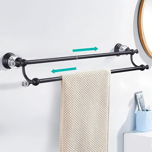 Crystal Black Towel Holder Double Adjustable Towel Bar 13 to 25 Inch, Towel Rack Rail for Bathroom Wall Mounted