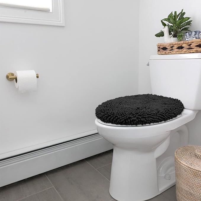 LuxUrux Toilet Lid Cover with Stretch Fit Elastic Band – Chenille Microfiber Toilet Seat Non-Slip Cover for Bathroom – Soft Plush, Machine Wash And Dry, Comfort & Clean Look (18 x 21'', Black)
