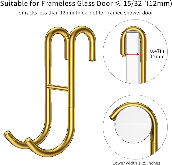 Shower Door Hooks (3-Pack), Towel Hooks for Bathroom Frameless Glass Door, Drill-Free Installation, Gold