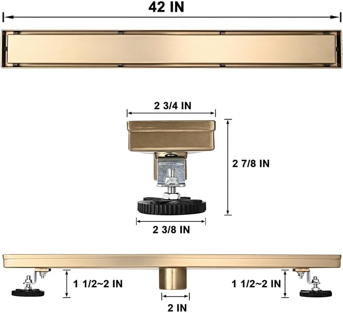 AVSIILE Linear Shower Floor Drain, Brushed Gold 42 Inch 304 Stainless Steel Bathroom Drains Kit, Rectangular Shower Trench Drain with Reversable Tile-in Pattern Drain Cover & Hair Catcher
