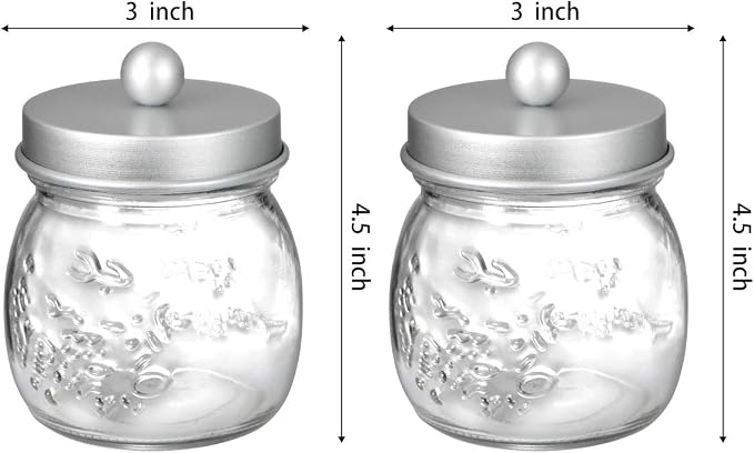 SheeChung 2 Pack Glass Mason Jar Qtip Holder Dispenser,Frosted Silver Lids | Clear Apothecary Jar,Stainless Steel Lids,Small Bathroom Jars Canisters,Vanity Storage Organizer for Cotton Swabs,Balls,Floss