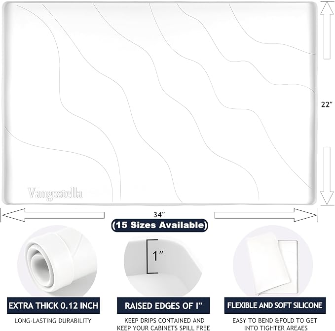 Heavy Duty Silicone Under Sink Mats for Kitchen Waterproof 37" x 19", Extra Thick Under Sink Rubber Mat Drip Tray, Raised Edge Under Sink Liner,Prevent Drips, Leaks, Spills,White