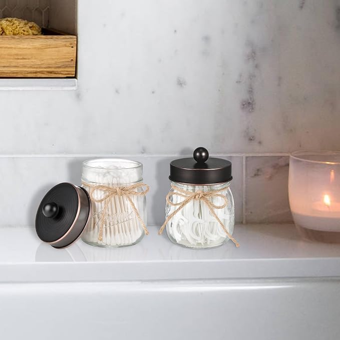 SheeChung Small Glass Mason Jar Qtip Holder with ORB Stainless Steel Lid | Clear Apothecary Jar Canisters Set,Bathroom Jar Dispenser,Vanity Storage Organizer for Cotton Swab,Ball,Floss,Farmhouse Decor